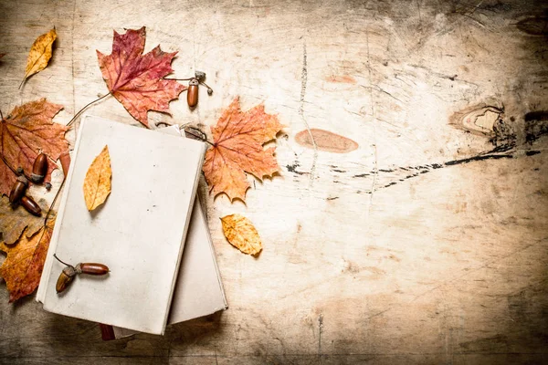 Old books and autumn leaves. — Stock Photo, Image