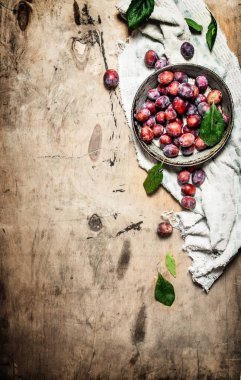 Fresh plums with green leaves.