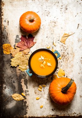 Sonbahar stil. tohumları ile balkabağı çorbası.