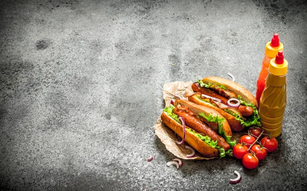 Menu de fast food. Churrasco de carne de cachorro-quente com ervas, ketchup e mostarda quente . — Fotografia de Stock