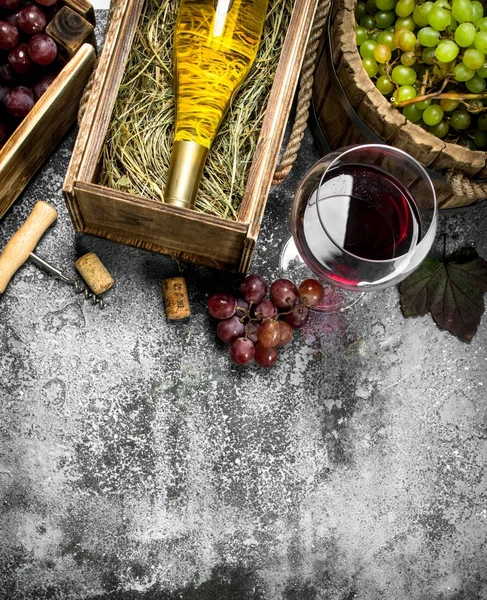 Wine background. Red and white wine from fresh grapes.