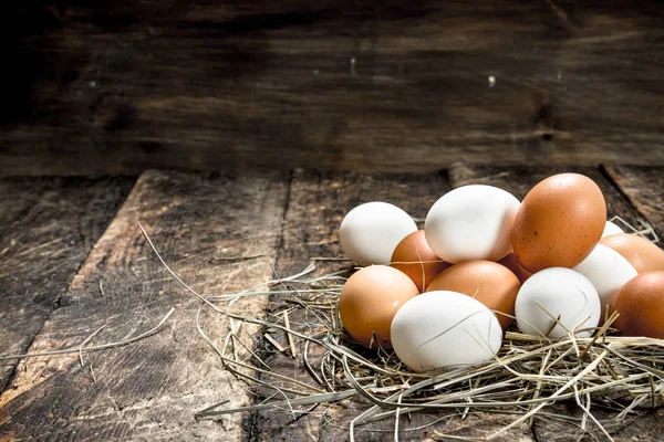 Slepičí vejce na slámě. — Stock fotografie