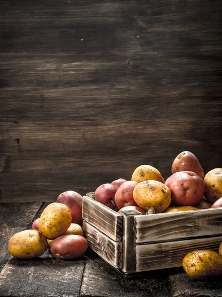 Frische Kartoffeln in einer Holzkiste. — Stockfoto