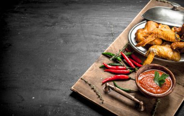 Tavuk kanadı sosu ve sıcak biber ile.