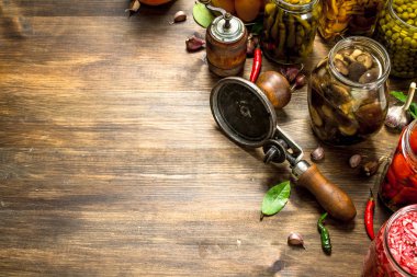 Sebze ve mantar seamer ile cam kavanozlara Marine.