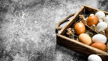 Eski bir tepsi üzerinde taze tavuk yumurta.