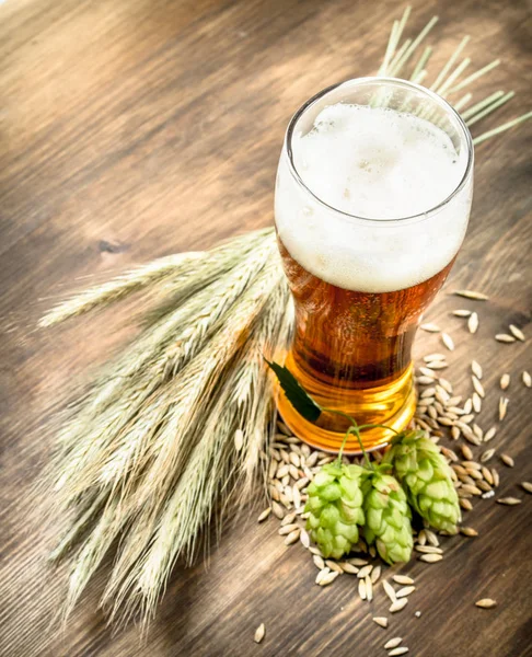 Vaso de cerveza natural. Sobre mesa de madera . — Foto de Stock