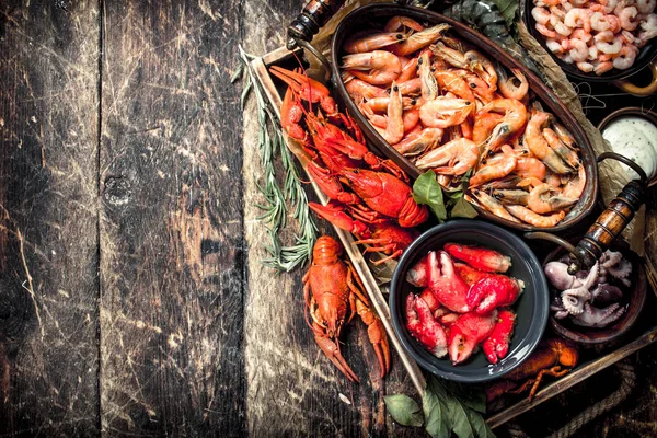 Frutos do mar diferentes em tigelas . — Fotografia de Stock