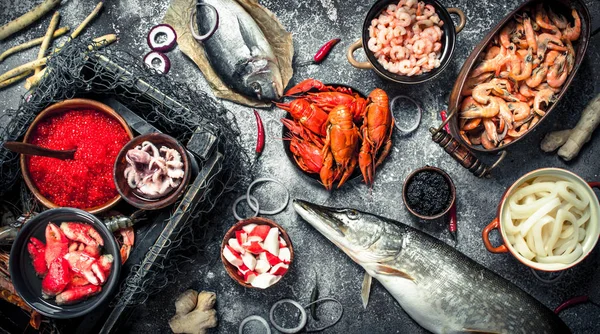 Farklı taze deniz ürünleri.