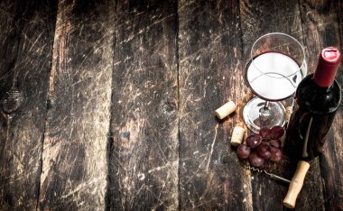 Kırmızı şarap üzüm ve bir tirbuşon bir dalı ile.