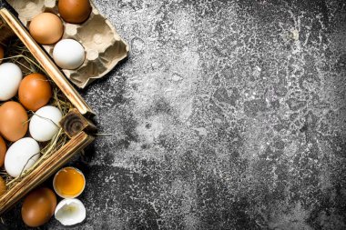 Eski bir kutu içinde taze yumurta.