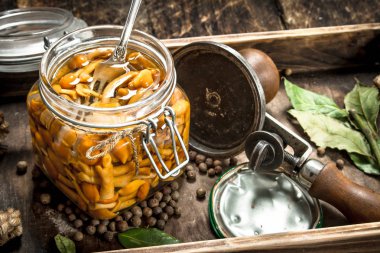 Seamer eski bir tepsi ile salamura mantar.