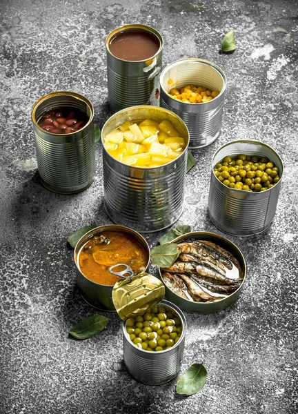 Various canned foods with meat, fish, vegetables and fruits in tin cans.