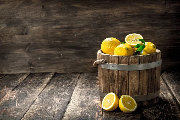 Fresh lemons in a wooden bucket. — Stock Photo, Image