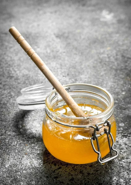 Jar Fresh Honey Rustic Background — Stock Photo, Image