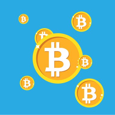 Mavi arka planda altın bitcoin dijital para birimi. Bitcoin madencilik vektör çizimi. Kripto para teknolojisi ve dijital para. vektör illüstrasyonu