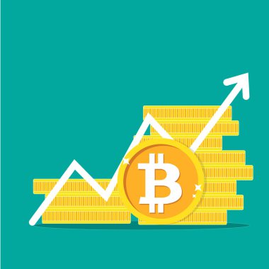 Bitcoin büyüme konsepti. Altın para yığınları gelir grafiği ve bitcoin gibi. Renkli arkaplanda izole edilmiş vektör illüstrasyonu