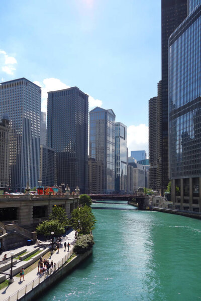 View of downtown Chicago from above the Chicago River