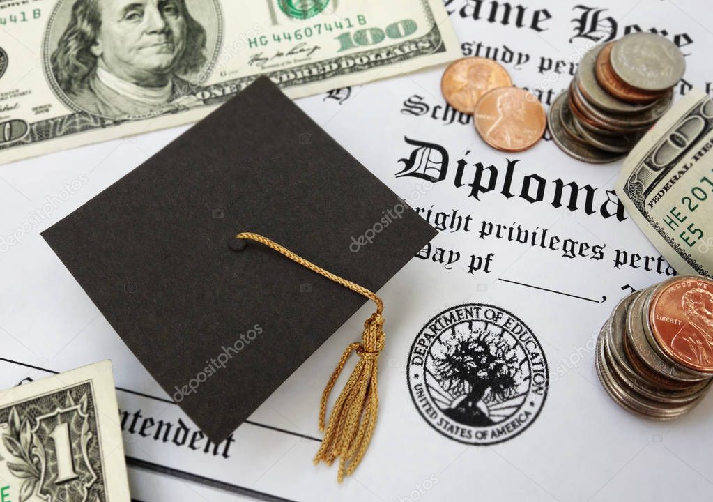 graduation cap money and diploma