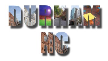 Durham, Nc görüntüler de dahil olmak üzere, afiş kolaj tütün depoları, üzerinde beyaz izole yenilenmiş