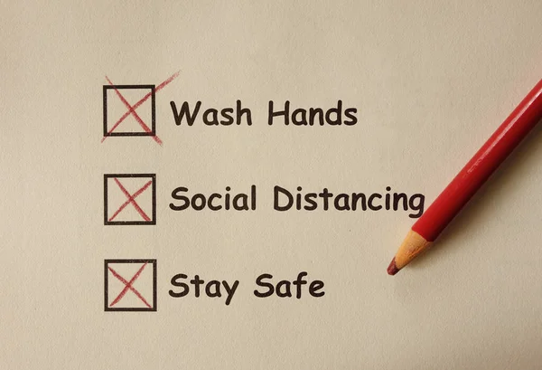 Wash Hands Social Distancing Stay Safe Text Papper Med Penna — Stockfoto