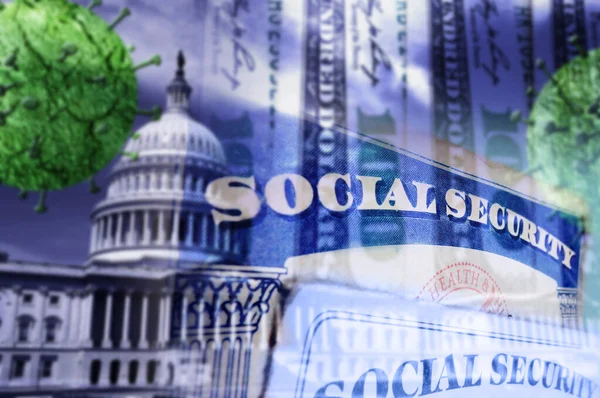 Sozialversicherungskarten Mit Hauptstadt Geld Und Coronavirus Bildern — Stockfoto