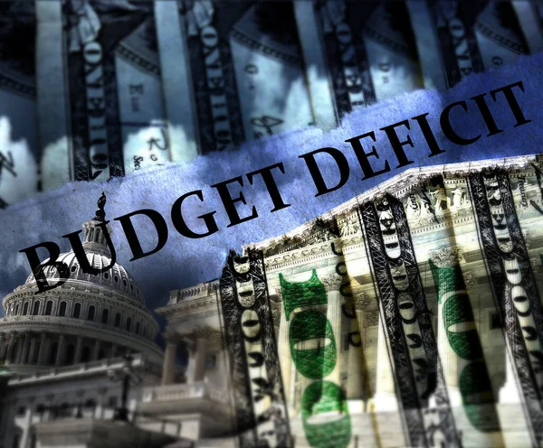 Het Amerikaanse Capitool Washington Met Begrotingstekort Biljetten Van Honderd Dollar — Stockfoto