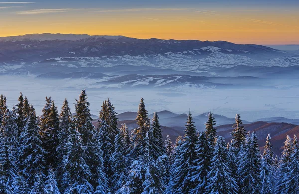 Pôr do sol de inverno sobre montanhas — Fotografia de Stock