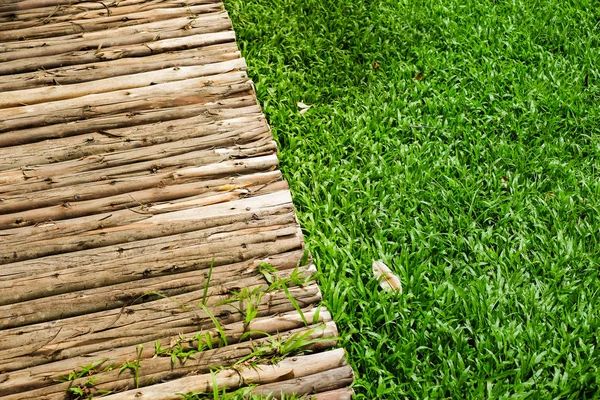 Wooden sidewalk and green lawn for background or texture - nature concept.