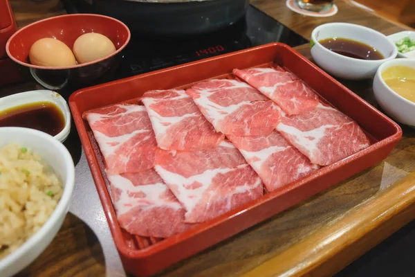 Sliced Pork Serve Red Plate Food Background Texture Concept Sukiyaki Stock Picture
