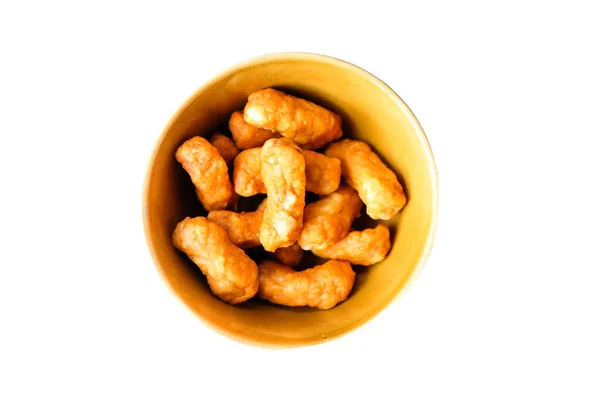 Closeup Seasoned Chili Chicken Snack Ceramic Bowl Isolated White Background — Stock Photo, Image