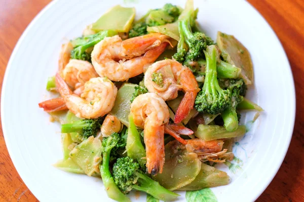 Hot Stir Fried Broccoli Giant Shrimp Serve Dish Food Concept Stock Image