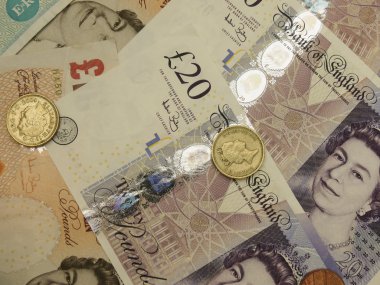 Londra, İngiltere - Şubat 2014 yaklaşık: İngiliz Sterlini Sterlini (Gbp) banknot ve madeni paralar