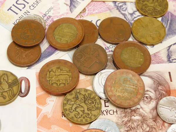 Τσεχική κορώνα κέρματα και χαρτονομίσματα — Φωτογραφία Αρχείου