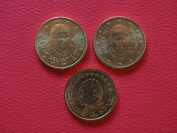 Pope John Paul II, Benedict XVI and Francis I 50 cents coins — Stock Photo, Image