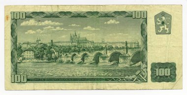 Çekoslovakya 100 Korunas (Csk) banknot, Eski Çekoslovakya, Charles Köprüsü Prag'da gösterilen para birimi