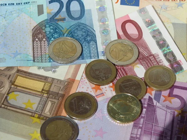 Νομίσματα Και Τραπεζογραμμάτια Ευρώ Της Ευρωπαϊκής Ένωσης — Φωτογραφία Αρχείου