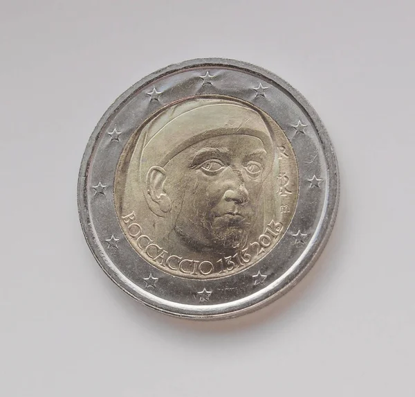 Two Euro Eur Coin Bearing Portrait Writer Giovanni Boccaccio 1313 — Stock Photo, Image