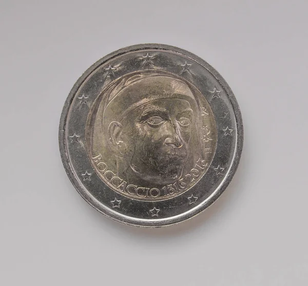 两欧元 Eur 硬币轴承的作家乔瓦尼 薄伽丘 1313年 1375 2013 为纪念他的诞辰 700 周年发布在意大利肖像 — 图库照片