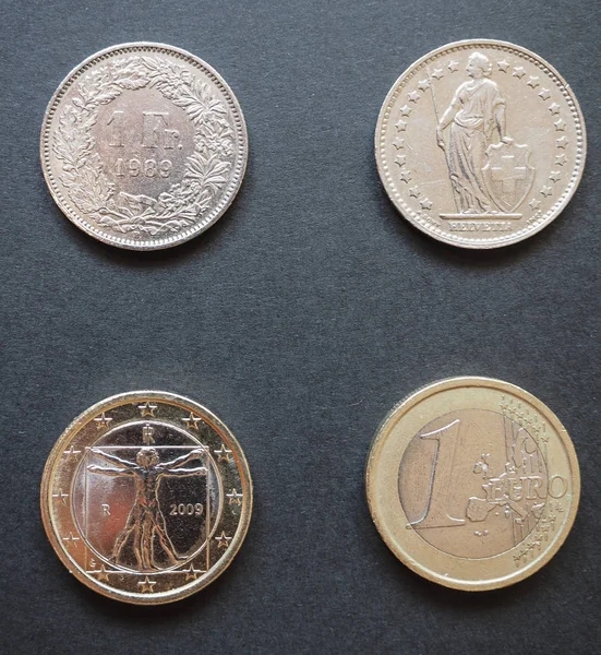 Zwitserse Franc Chf Muntstukken Van Euro Eur — Stockfoto