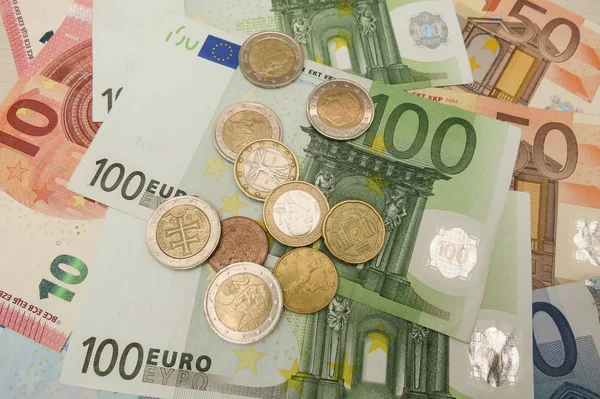 Billetes Monedas Euros Curso Legal Unión Europea —  Fotos de Stock