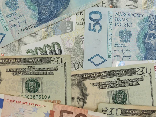 Mixed Currency Notes Usd Eur Sek Pln Czk — Stock Photo, Image