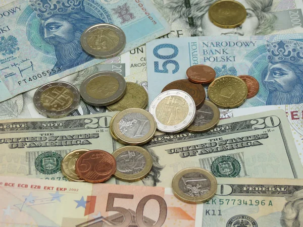 Karışık Para Birimi Notları Usd Eur Sek Pln Czk — Stok fotoğraf