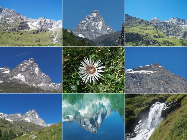 Collage Las Montañas Los Alpes Con Cervino Matterhorn Montaña Cascadas —  Fotos de Stock