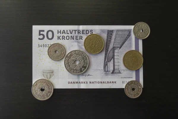 Billetes Monedas Corona Danesa Dkk Moneda Dinamarca — Foto de Stock