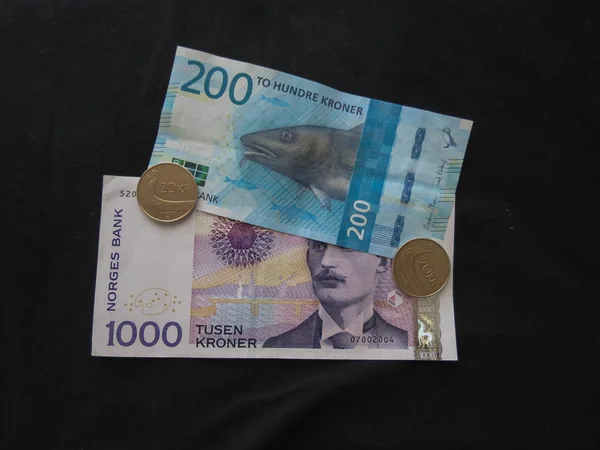 Noorse Kroon Bankbiljetten Munten Nok Munteenheid Van Noorwegen — Stockfoto