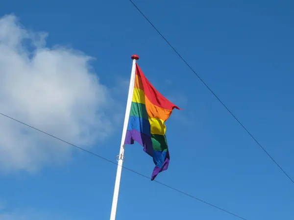 Regenbogen Friedensfahne Schwebt Blauen Himmel — Stockfoto