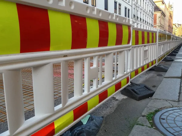 White Red Yellow Plastic Fence Delimit Road Works Oslo — Stock Photo, Image