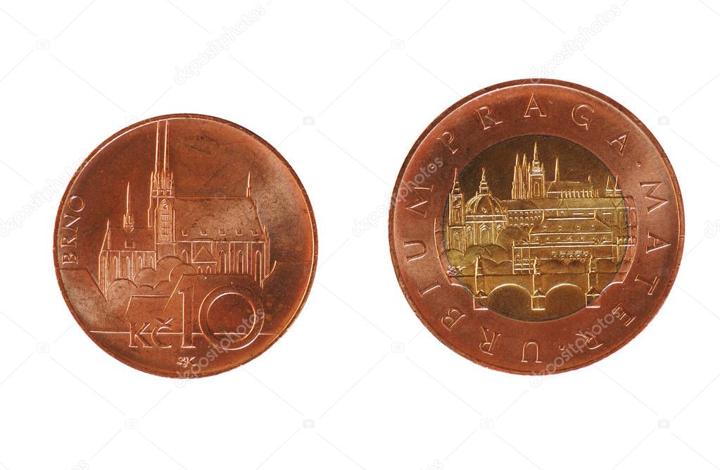 Czech Koruna coins (CZK), currency of Czech Republic showing Brno (10) and Prague (50) landmarks