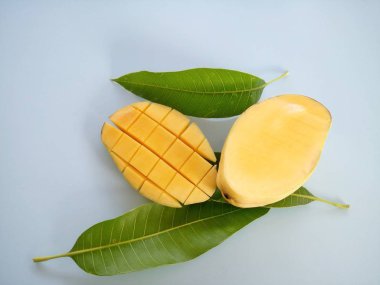 Mavi arkaplandaki mango meyvelerini kapat